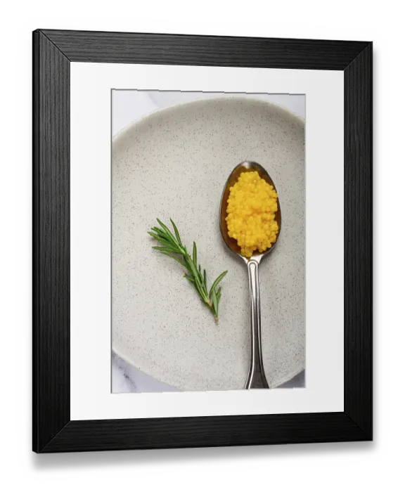 Framed Print : Yuzu caviar is pearly, on a spoon Framed Print : Yuzu caviar is pearly, on a spoon