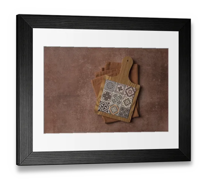 Framed Print : Wooden cutting board with ceramic tiles
