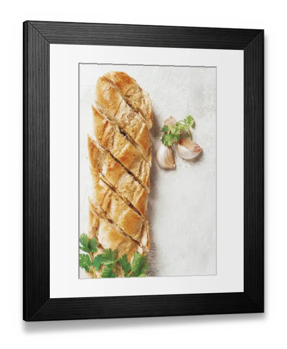 Framed Print : Garlic bread, baguette with garlic butter and herbs Framed Print : Garlic bread, baguette with garlic butter and herbs