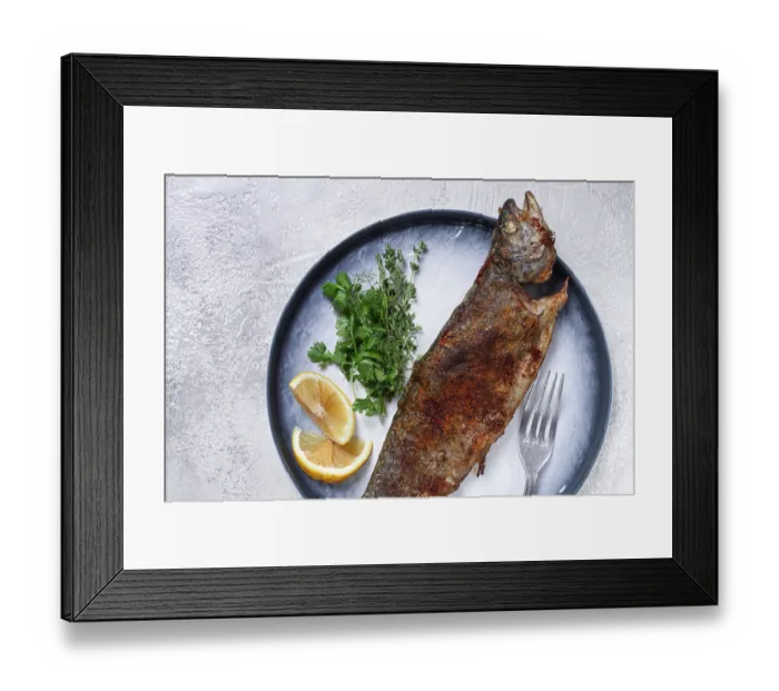 Framed Print : Fried rainbow trout, with herbs and citrus fruits Framed Print : Fried rainbow trout, with herbs and citrus fruits