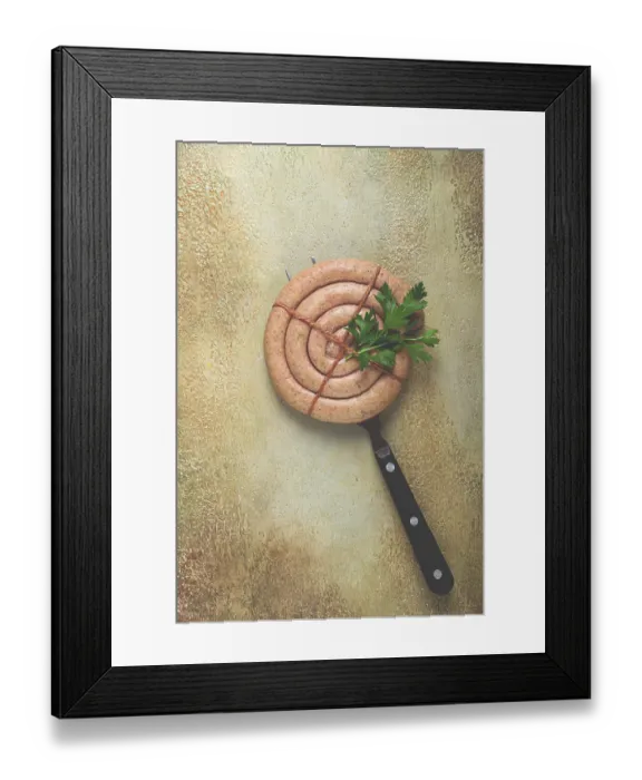 Framed Print : Raw spiral sausages on the table