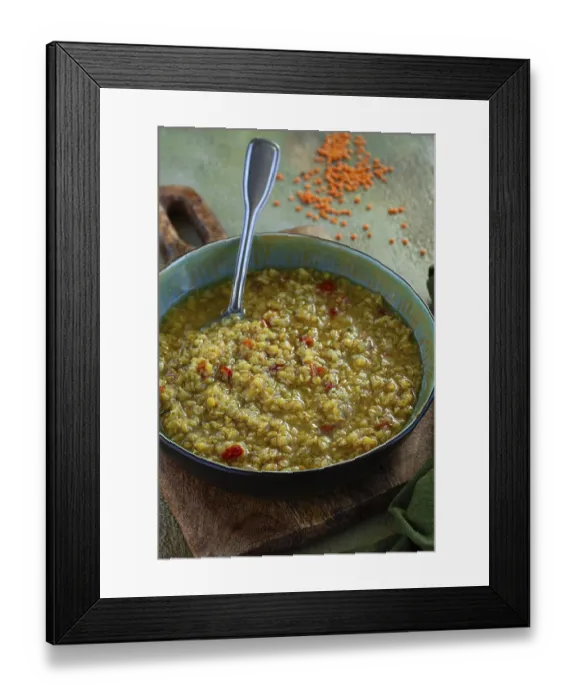 Framed Print : Lentil soup, in a bowl on a wooden board Framed Print : Lentil soup, in a bowl on a wooden board