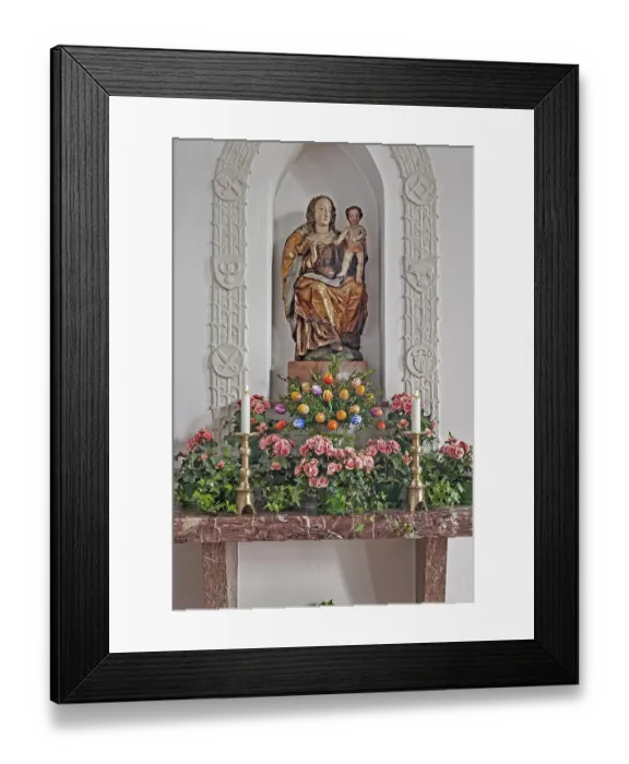 Framed Print : Madonna figure with Infant Jesus and floral decoration Framed Print : Madonna figure with Infant Jesus and floral decoration