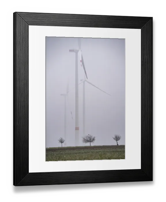 Framed Print : Wind farm in fog, dark doldrums Framed Print : Wind farm in fog, dark doldrums