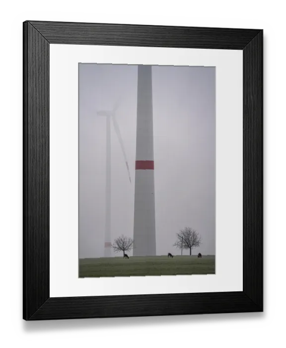 Framed Print : Wind farm in the fog, dark doldrums