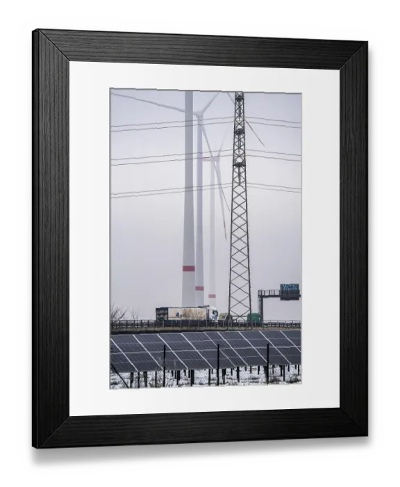 Framed Print : Wind farm in the fog, photovoltaic system