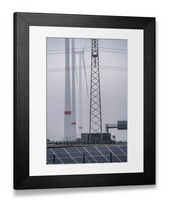 Framed Print : Wind farm in the fog, photovoltaic system Framed Print : Wind farm in the fog, photovoltaic system
