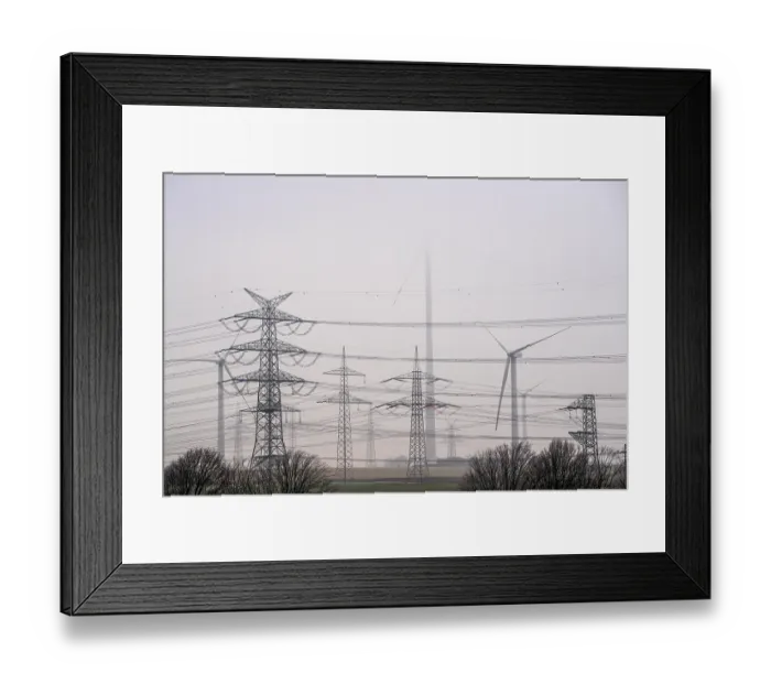 Framed Print : Wind farm in the fog, high-voltage pylons Framed Print : Wind farm in the fog, high-voltage pylons