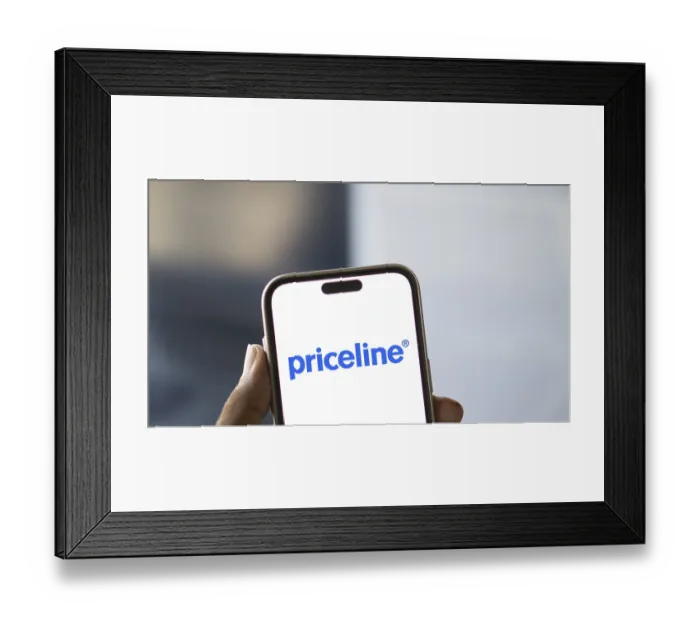 Framed Print : priceline logo is displayed on smartphone Framed Print : priceline logo is displayed on smartphone