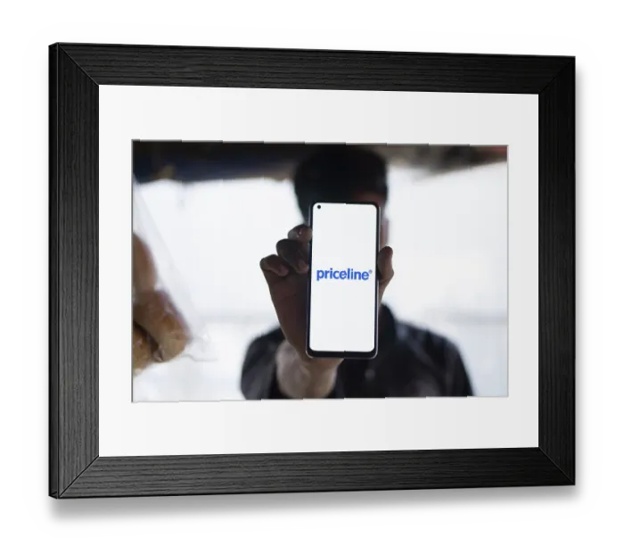 Framed Print : priceline logo is displayed on smartphone Framed Print : priceline logo is displayed on smartphone