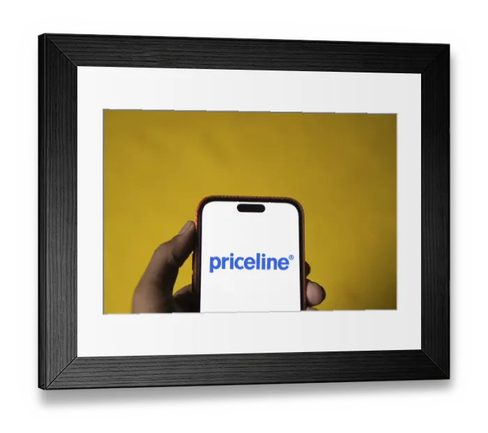 Framed Print : priceline logo is displayed on smartphone Framed Print : priceline logo is displayed on smartphone