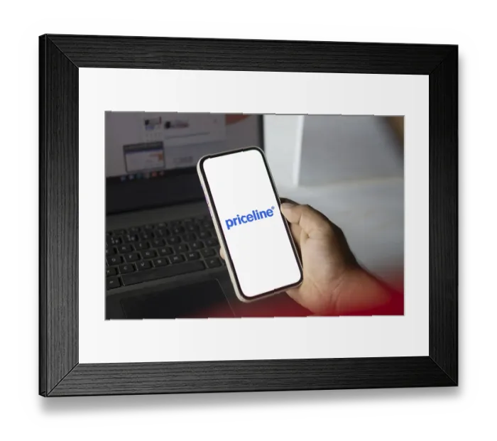 Framed Print : priceline logo is displayed on smartphone Framed Print : priceline logo is displayed on smartphone