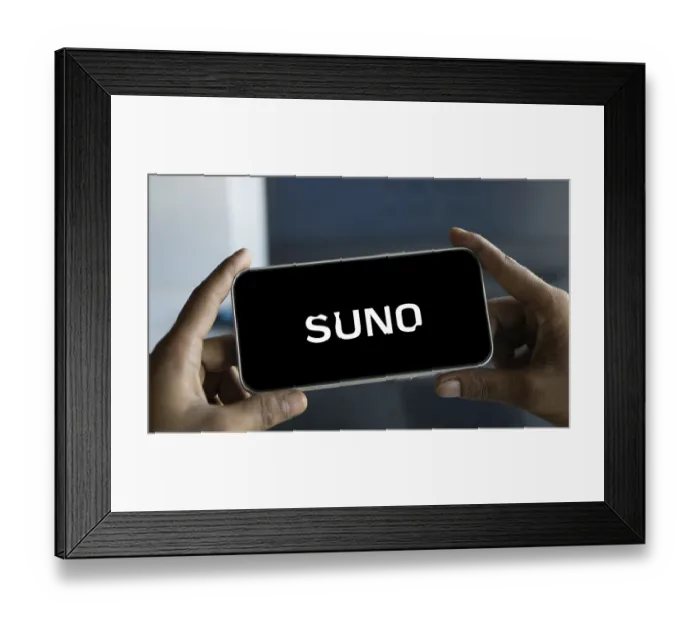 Framed Print : suno logo is displayed on smartphone Framed Print : suno logo is displayed on smartphone