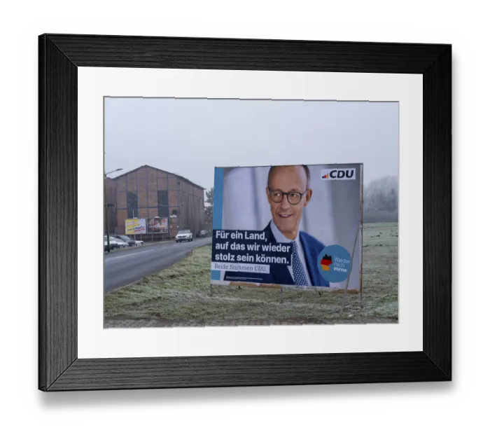 Framed Print : Election poster of the CDU for the Bundestag election on 23 February 2025 with a portrait of the chancellor candidate