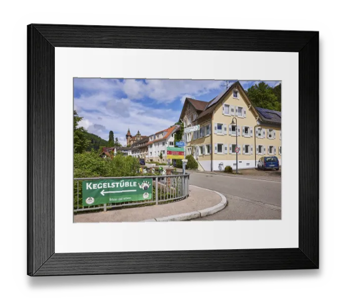 Framed Print : Car and pedestrian bridge, signpost to Hansjakob-Halle and Kegelstuble