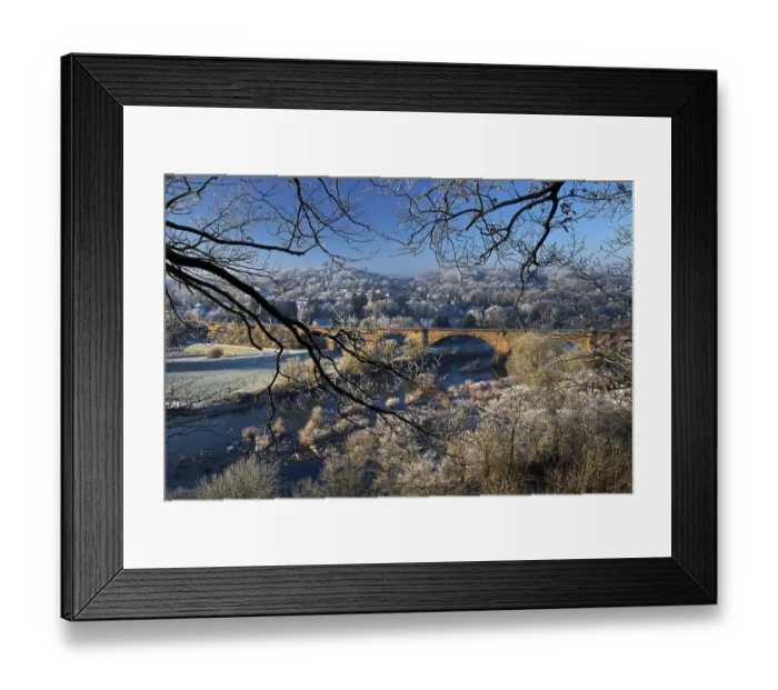 Framed Print : View of the Ruhr and the viaduct with hoarfrost in winter