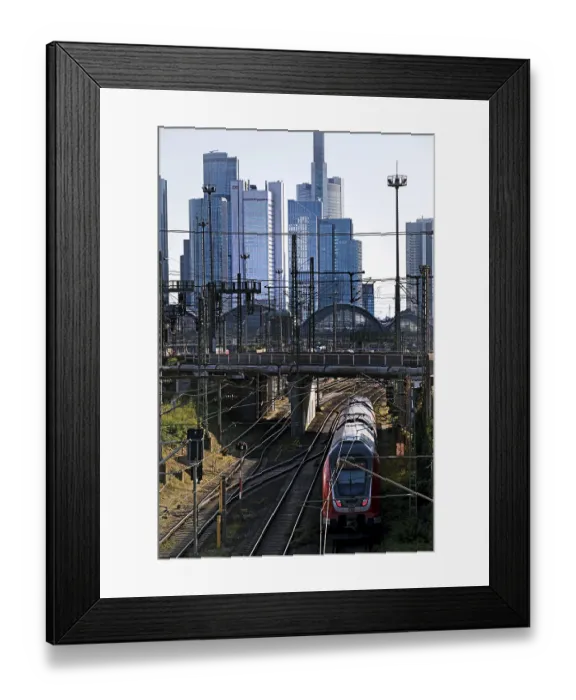 Framed Print : Elevated city view with regional train and skyscrapers