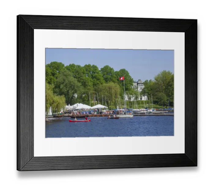 Framed Print : Boat hire and restaurant Bobby Reich on the Outer Alster in spring
