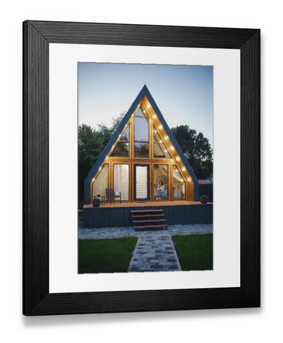 Framed Print : Concept of comfortable rest and vacations in modern log cabin in nature