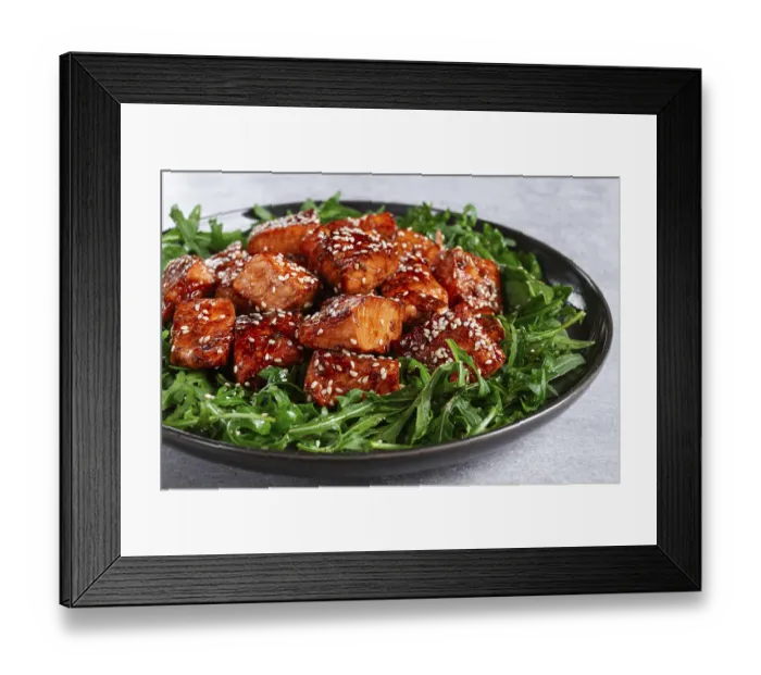 Framed Print : Fried salmon slices, teriyaki with sesame seeds