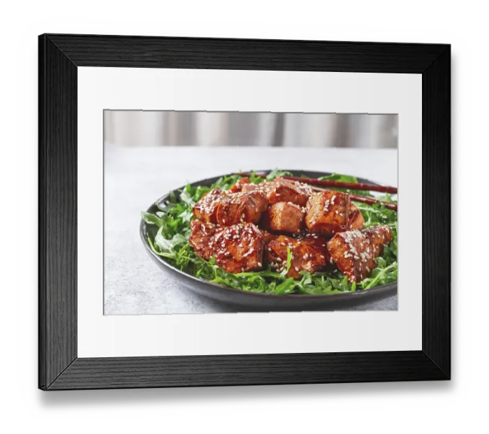 Framed Print : Fried salmon slices, teriyaki with sesame seeds