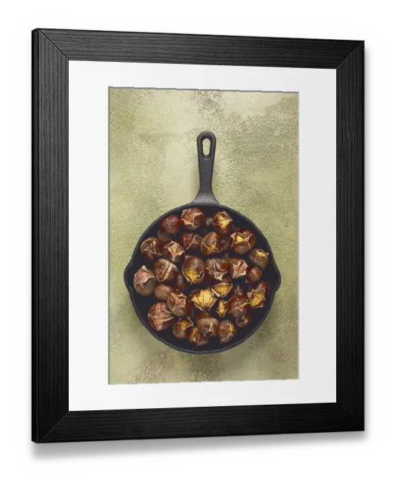 Framed Print : Roasted chestnuts, in an iron pan