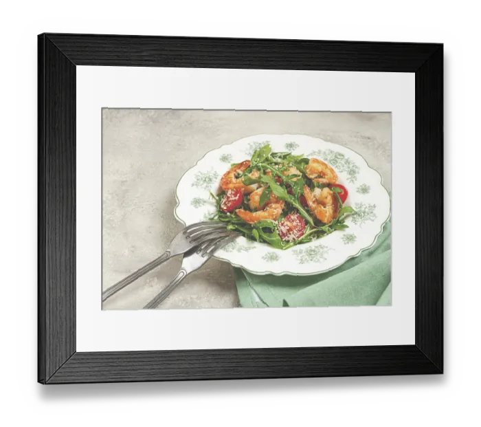 Framed Print : Shrimp salad with arugula and cherry tomatoes