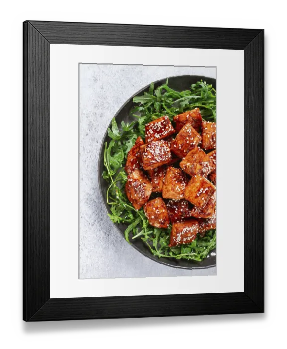 Framed Print : Fried salmon slices, teriyaki with sesame seeds