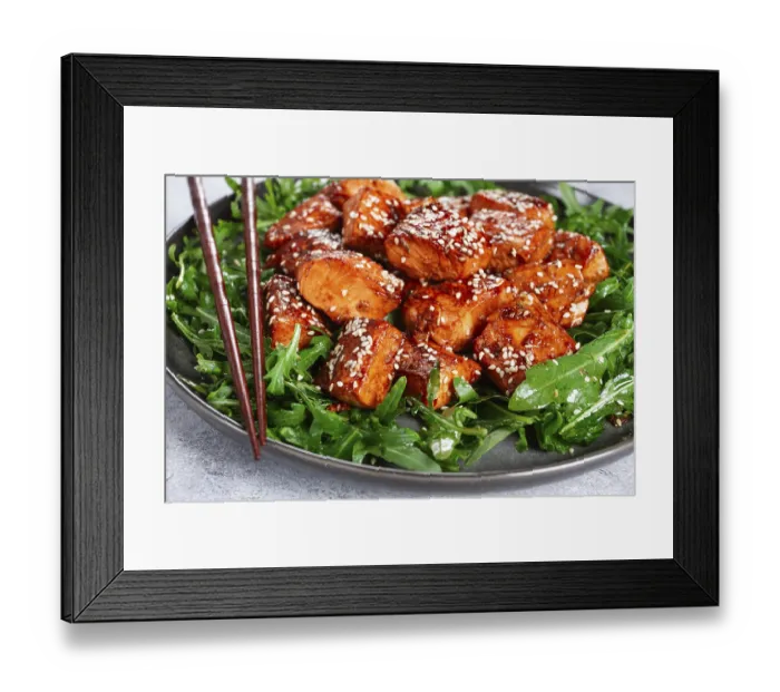 Framed Print : Fried salmon slices, teriyaki with sesame seeds Framed Print : Fried salmon slices, teriyaki with sesame seeds