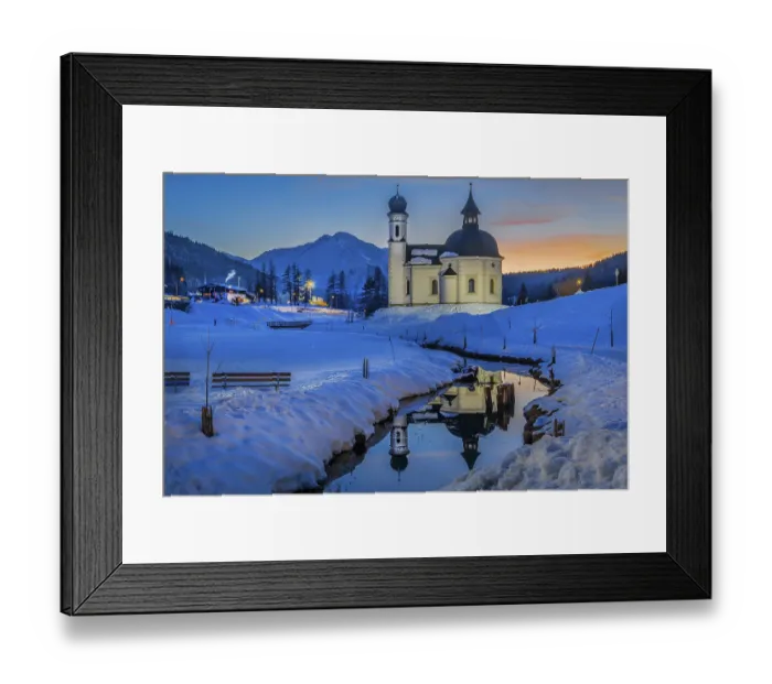 Framed Print : Seekirchl with Hocheder 2797m at dusk in winter Framed Print : Seekirchl with Hocheder 2797m at dusk in winter