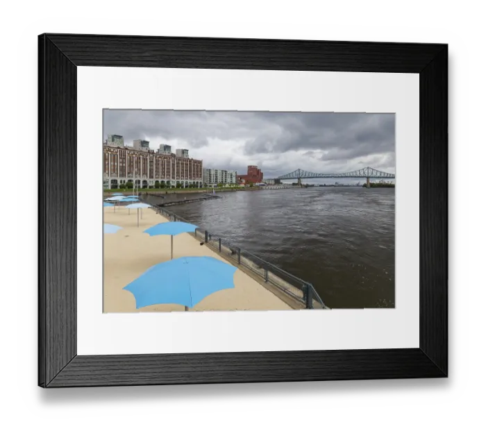 Framed Print : Beach with sunshades, riverside