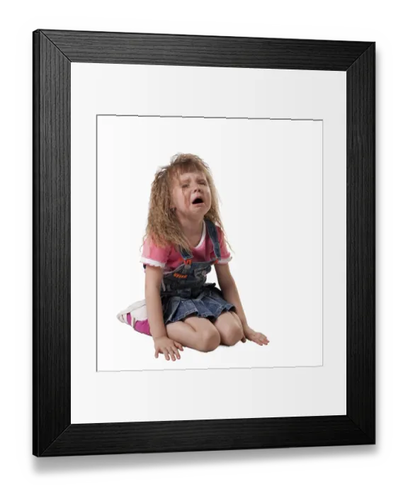 Framed Print : Crying kid sit on white, jeans cloth - isolated Framed Print : Crying kid sit on white, jeans cloth - isolated