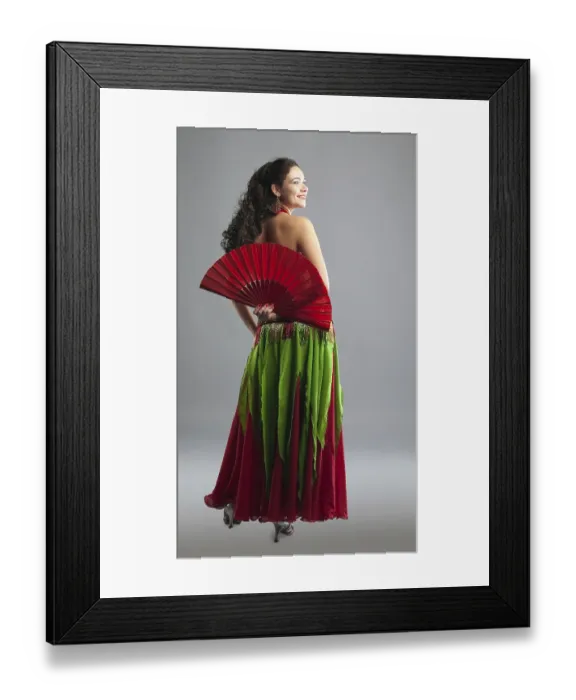 Framed Print : Young woman belly dance with fan in oriental arabic costume