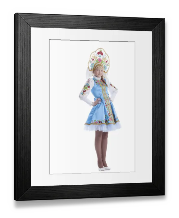 Framed Print : Pretty young girl in blue oriental russian costume