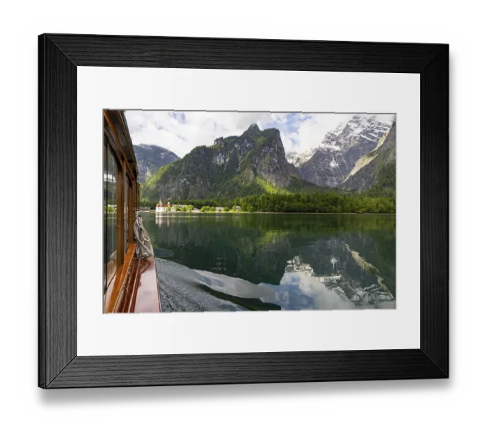 Framed Print : Pilgrimage church St. Bartholoma with Watzmann massif from the excursion boat on the Konigssee Framed Print : Pilgrimage church St. Bartholoma with Watzmann massif from the excursion boat on the Konigssee