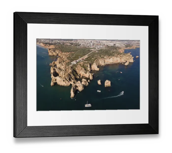 Framed Print : Drone shot, Ponta da Piedade, typical Algarve rock formation Framed Print : Drone shot, Ponta da Piedade, typical Algarve rock formation