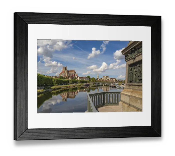 Framed Print : Detail of Statue of Paul Bert and town view from Pont Paul Bert
