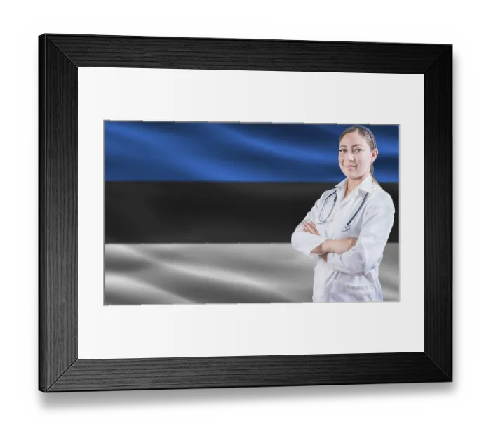 Framed Print : Female Doctor On Estonian Flag Framed Print : Female Doctor On Estonian Flag