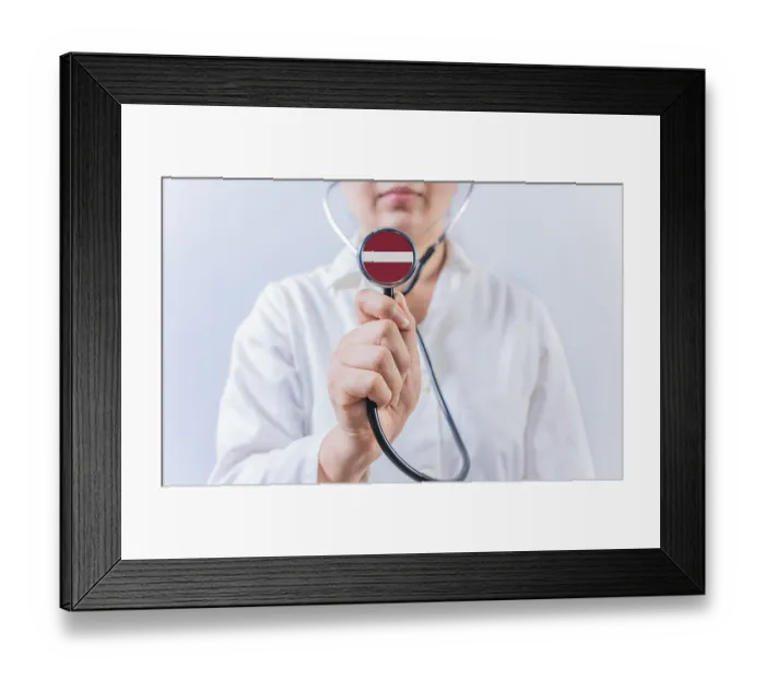 Framed Print : Female Doctor Holding Stethoscope With Latvia Flag