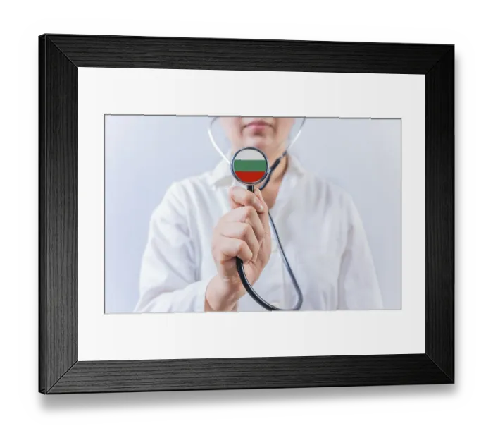 Framed Print : Female doctor holding stethoscope with Bulgaria flag Framed Print : Female doctor holding stethoscope with Bulgaria flag