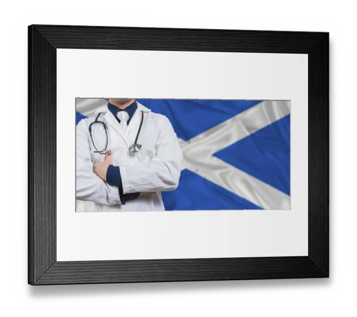 Framed Print : Male doctor with stethoscope on Scottish flag Framed Print : Male doctor with stethoscope on Scottish flag