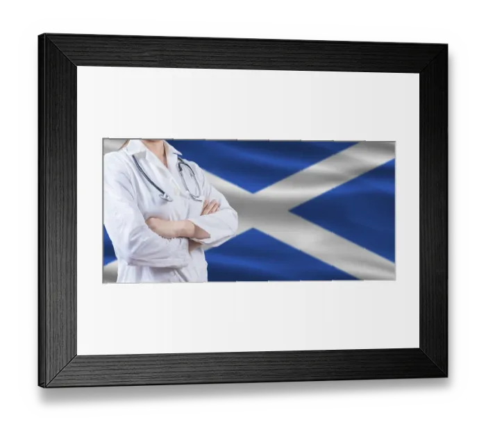 Framed Print : Doctor with crossed arms on Scottish flag Framed Print : Doctor with crossed arms on Scottish flag
