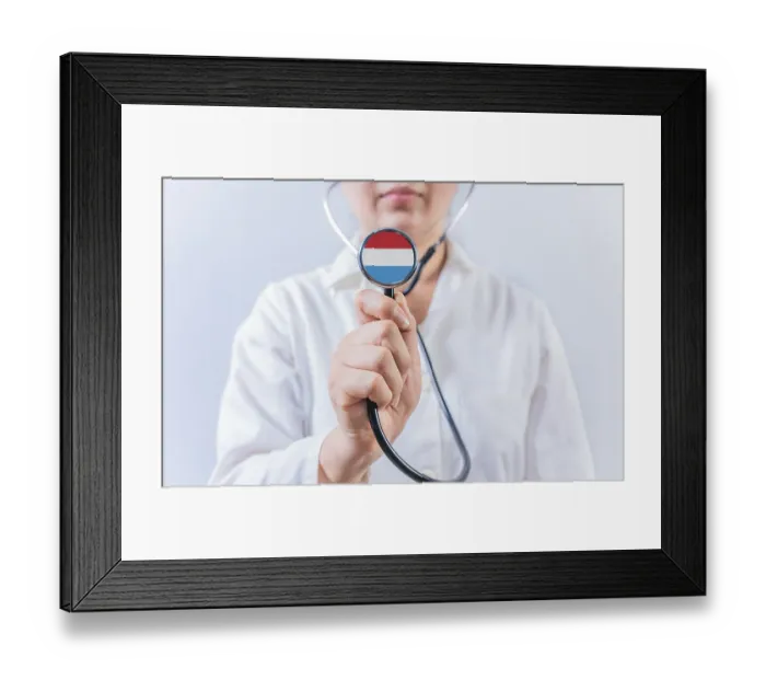 Framed Print : Female doctor holding stethoscope with Luxembourg flag Framed Print : Female doctor holding stethoscope with Luxembourg flag