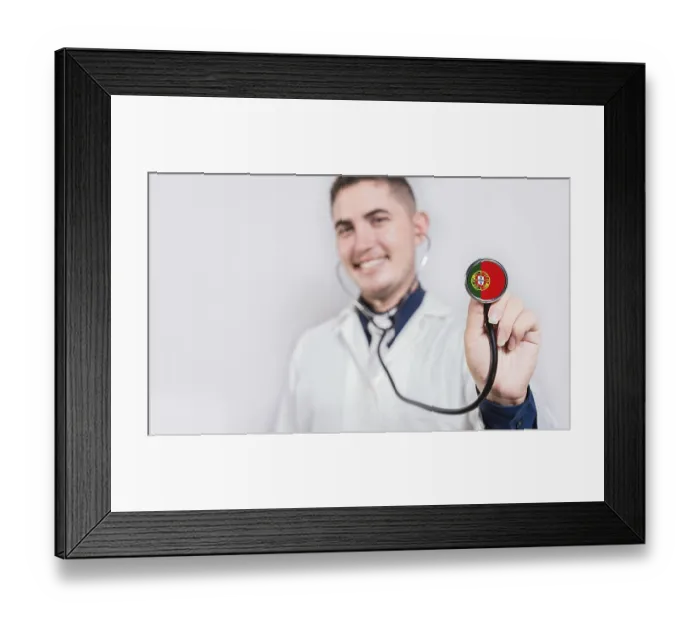 Framed Print : Doctor showing stethoscope with Portugal flag