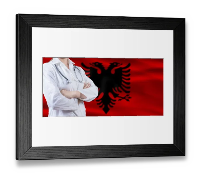 Framed Print : Doctor with crossed arms on Albania flag Framed Print : Doctor with crossed arms on Albania flag
