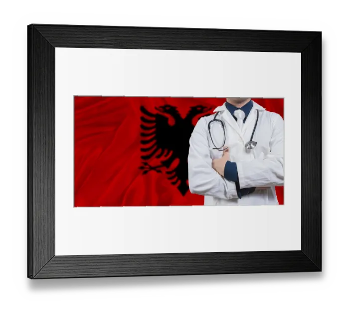 Framed Print : Male doctor with stethoscope on Albania flag