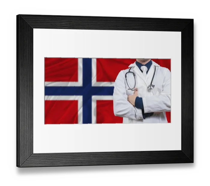 Framed Print : Male doctor with stethoscope on Norway flag