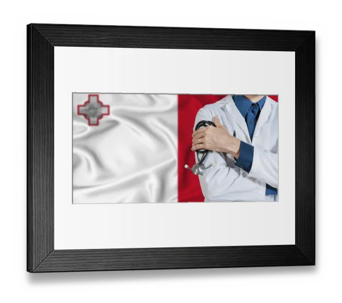 Framed Print : Doctor with stethoscope on Malta flag