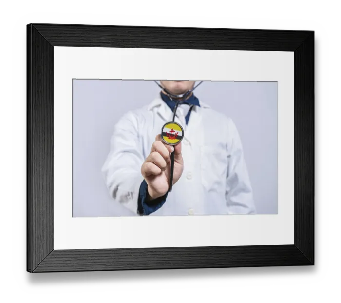 Framed Print : Doctor hands holding stethoscope with Brunei flag