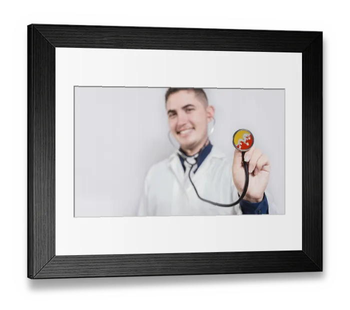 Framed Print : Doctor showing stethoscope with Bhutan flag